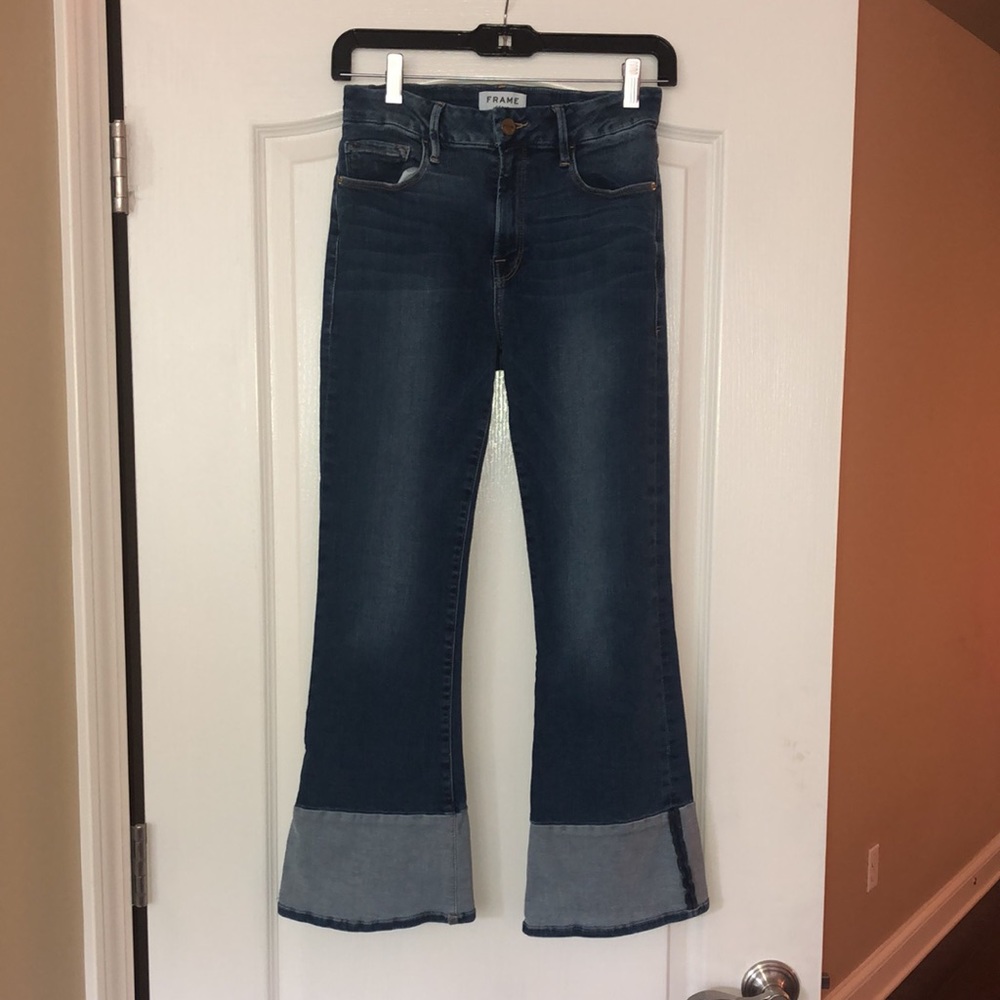 Frame Denim Le Crop Mini Boot Reverse Overlock Cuff Jeans in Clifton, Size 27.